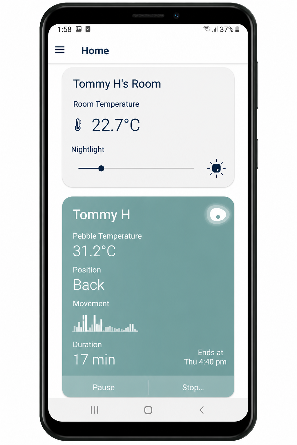 The SmartSnugg App Home Screen